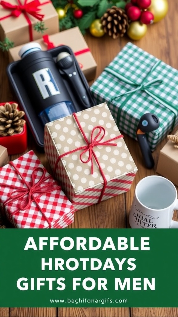 Affordable Christmas Gift Ideas for Men A collection of budget-friendly Christmas gifts for men, beautifully wrapped and displayed with holiday decorations.